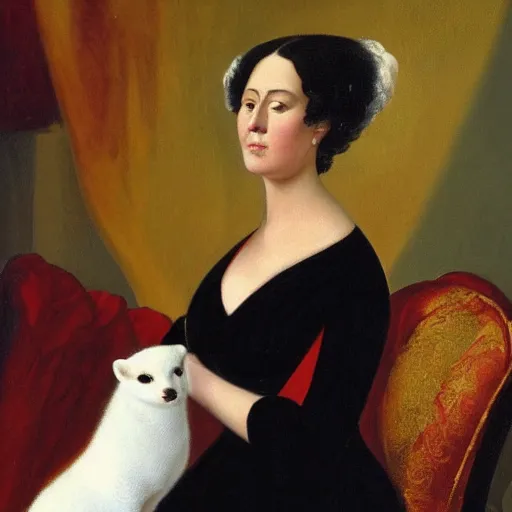Image similar to painting of a woman seated in profile, holding a small white ermine in her left hand. She is dressed in a lavish red and gold gown, and her dark hair is pulled back from her face in a severe style. Her expression is one of calm detachment, and she stares straight ahead with a slight smile on her lips.