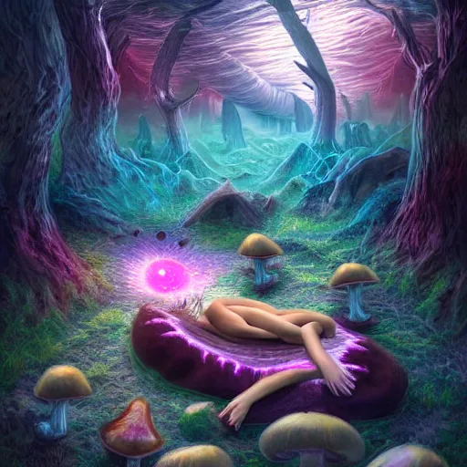 Image similar to sleep paralysis while on mushrooms, astral realm, mushroomcore, naturecore, biopunk, high quality art, digital art, extreme detail, masterpiece