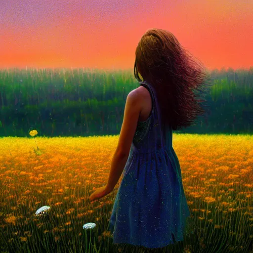 Image similar to girl with dandelion head, surreal photography, dream, standing in flower field, hills, big trees, sunrise dramatic light, impressionist painting, colorful clouds, digital painting, pointillism, artstation, simon stalenhag