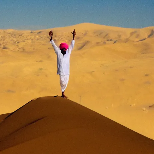 Image similar to low quality image of an indian man in a turban floating above a desert