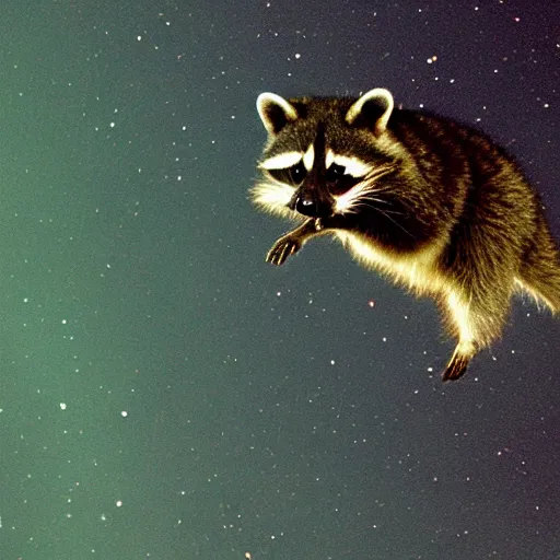 Image similar to raccoon flying through the cosmos