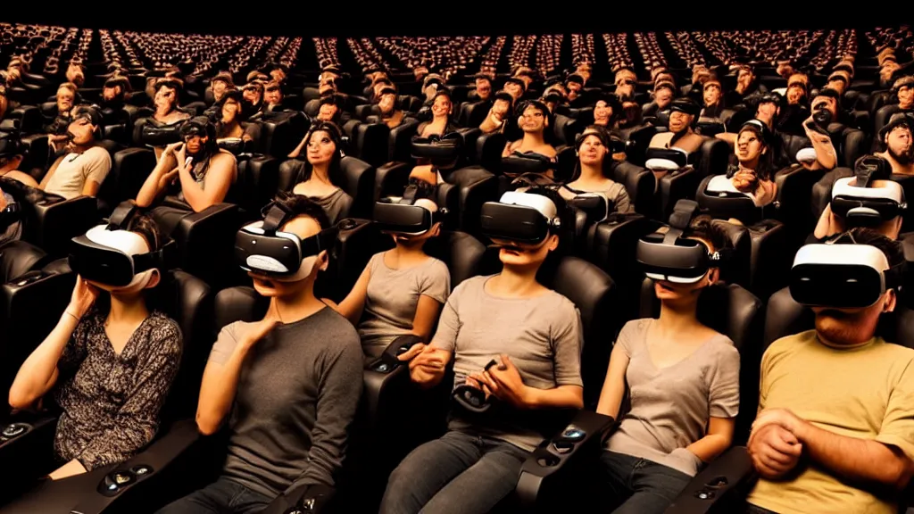 Image similar to people in a busy dark movie theatre, all of themare wearing vr headsets with art direction by salvador dali, wide lens