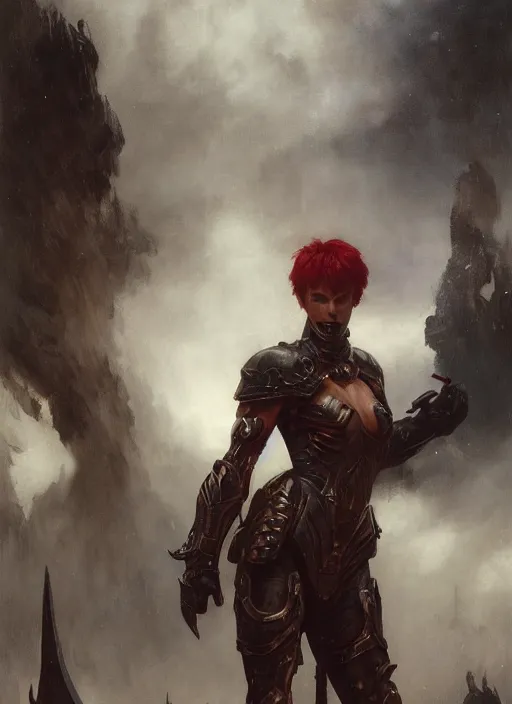 Image similar to red short haired muscular woman wearing flat black armour, detailed by gaston bussiere, bayard wu, greg rutkowski, giger, maxim verehin, greg rutkowski, masterpiece, sharp focus, cinematic lightning