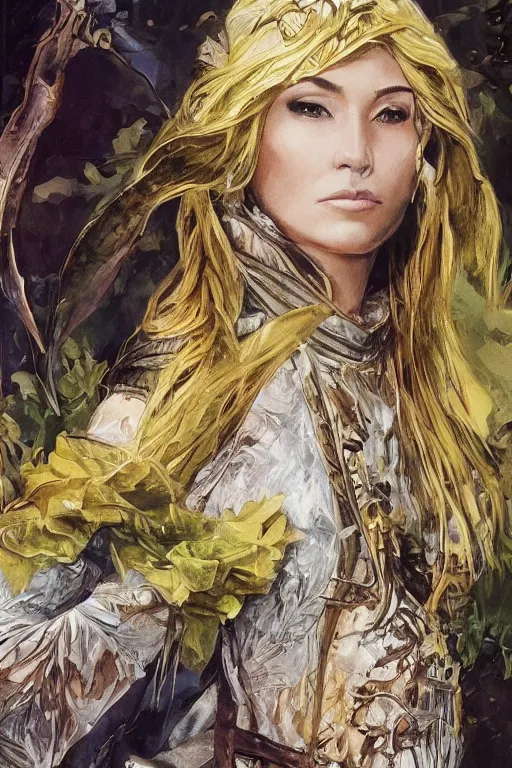 Prompt: female elven hunter armor made of yellow leaves, fantasy, amber eyes, face, long hair, intricate, elegant, highly detailed, digital painting, artstation, concept art, smooth, sharp focus, illustration, art by artgerm and greg rutkowski and alphonse mucha