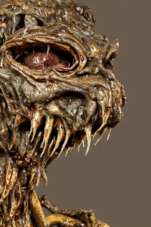 Image similar to photo taken of an epic intricate, ultra detailed, super realistic gritty, wet, slimy, lifelike sculpture of a nightmarish hellish alien ghoulish creature created by weta workshop, zoomed in shots, photorealistic, sharp focus, white wall coloured workshop, cold blueish colour temperture, f 0. 4, face centred, golden ratio, golden hour