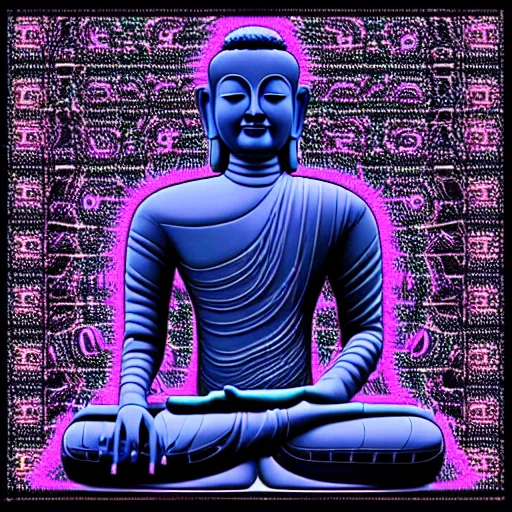 Image similar to robotic lifeform buddha meditating in front of a beautiful fractal neural network