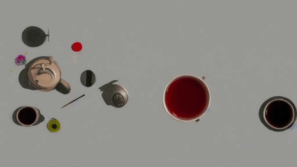 Image similar to a small tea setting, japan, a collage painting, in the style of wes anderson, lola dupre, david hockney, isolated on negative white space background dark monochrome neon spraypaint accents volumetric octane render