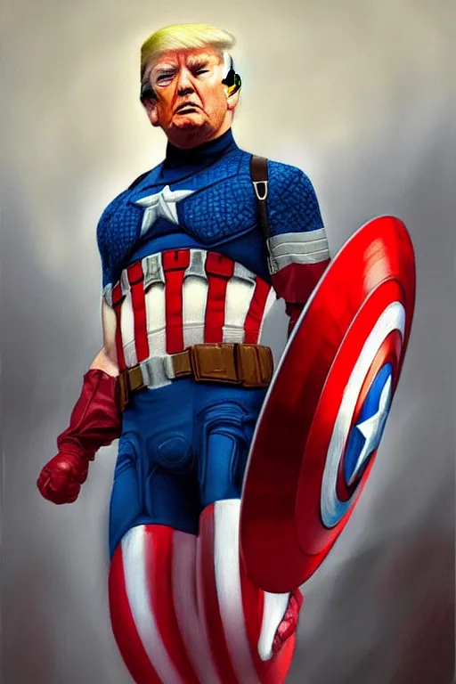 Image similar to hyperrealistic painting of Donald Trump as Captain America, D&D, fantasy, photorealism, accurate depiction, intricate, elegant, highly detailed, digital painting, post processing, extremely detailed, face symmetry, artstation, concept art, matte, smooth, sharp focus, illustration, art by Artgerm and Greg Rutkowski and Alphonse Mucha, oil painting, 8k