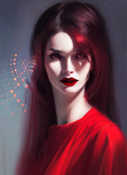 Image similar to portrait of a woman with a crooked nose and a confident expression, 1 9 6 0 s, long hair, red clothes, goth, intricate, elegant, glowing lights, highly detailed, digital painting, artstation, concept art, smooth, sharp focus, illustration, art by wlop, mars ravelo and greg rutkowski