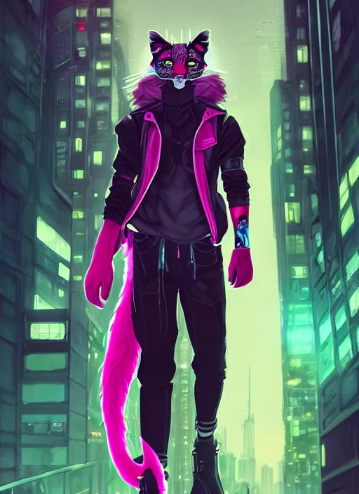 Prompt: award winning beautiful portrait commission of a male furry anthro puma fursona with a tail and a cute beautiful attractive detailed furry face wearing stylish black and pink cyberpunk clothes in a cyberpunk city at night while it rains. Character design by charlie bowater, ross tran, artgerm, and makoto shinkai, detailed, inked, western comic book art