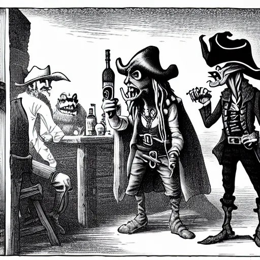 Image similar to a goblin with a large nose and a pirate with a bandana negotiating a contract with Jared Leto in a Western saloon.