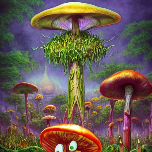 Prompt: 4 k headshot portrait of a psychedelic demonic anthropomorphic praying mantis with mushroom themed clothes, magic mushroom village in background by jeff easley, award winning, stylized neon, post - processing, masterpiece, superb resolution. in the art style of junji ito and greg rutkowski. detailed mushroom city in background. hyper realistic anime. perfect art. dalle 2