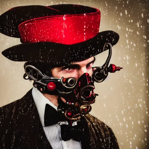 Image similar to cinestill 5 0 d candid photographic portrait by david cronenberg of baroque steampunk cyborg gentleman wearing a red edwardian suit and top hat, floral growths, modern cyberpunk moody emotional cinematic, closeup, pouring rain menacing lights shadows, 8 k, hd, high resolution, 3 5 mm, f / 3 2, ultra realistic faces, ex machina