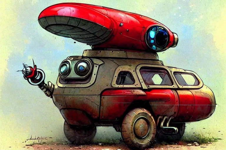 Image similar to adventurer ( ( ( ( ( 1 9 5 0 s retro future robot android mouse rv rocket wagon robot. muted colors. ) ) ) ) ) by jean baptiste monge!!!!!!!!!!!!!!!!!!!!!!!!! chrome red