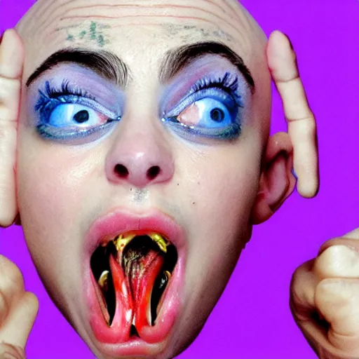 Prompt: bald billie eilish screaming with mouth full of snails