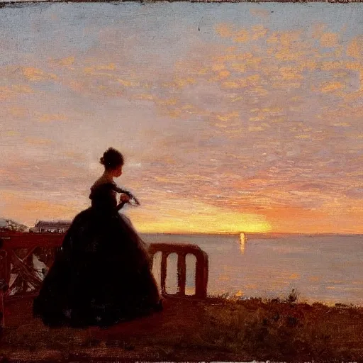 Prompt: young lady in ball gown and young worker watching the sunset by alfred stevens