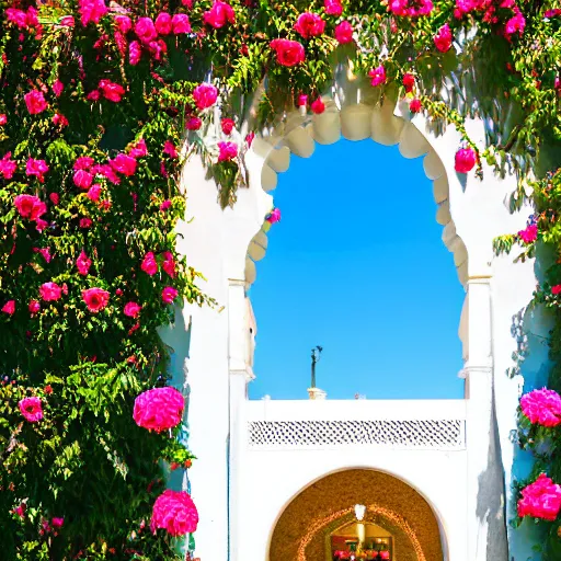 Image similar to surrealist andalusian patio with white tall arches, beautiful roses flowers and ropes on the walls, fountain inside, sunny vivid light, colorful composition, photographic details wide lens, intricate details