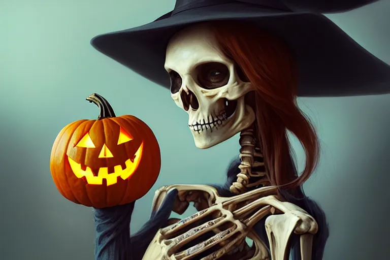 Image similar to portrait of a skeleton with a witch hat holding a jack - o - lantern, halloween night, charlie bowater, artgerm, ilya kuvshinov, krenz cushart, ruan jia, realism, ultra detailed, 8 k resolution