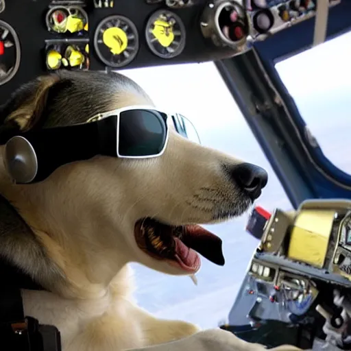 Prompt: a dog with sunglasses maneuvering the aircraft in the cockpit