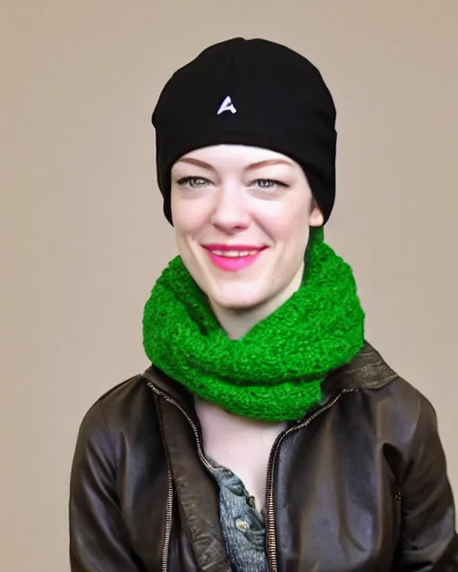 Image similar to headshot of a smiling, stoya, she is wearing a leather bomber cap on her head, she is also wearing an a 2 flight jacket, a long green wool scarf is wrapped around her neck