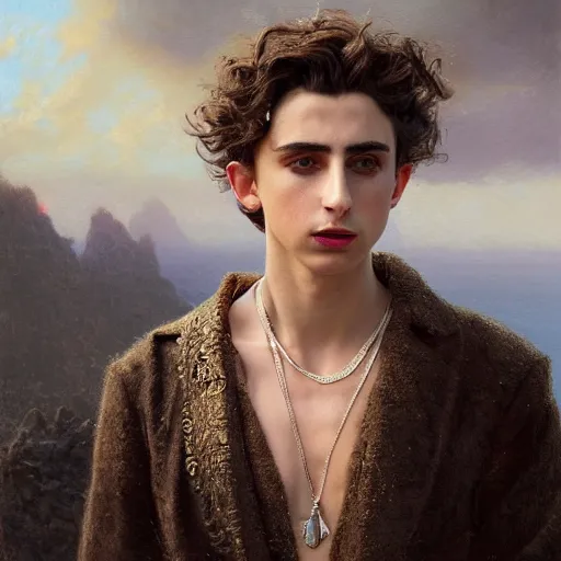 Prompt: detailed realistic cinematic wide shot of beautiful attractive muscular timothee chalamet with beard white hair gold chain wearing military general clothes slim face symettrical face clean skin black eyes black robe smooth, sharp focus, ultra realistic, spring light, painting by gaston bussiere, craig mullins, j. c. leyendecker