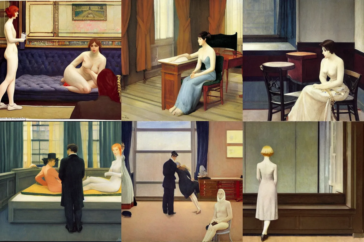 Prompt: union and dissolution. painting by edward hopper, fernand khnopff and milo manara