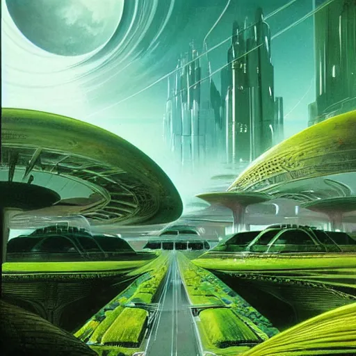 Image similar to beautiful matte painting album cover art of green gardens with roads on a futuristic sci-fi space station, cinematic angle, cinematic lighting, blue sky, by Syd Mead, John Harris, Federico Pelat