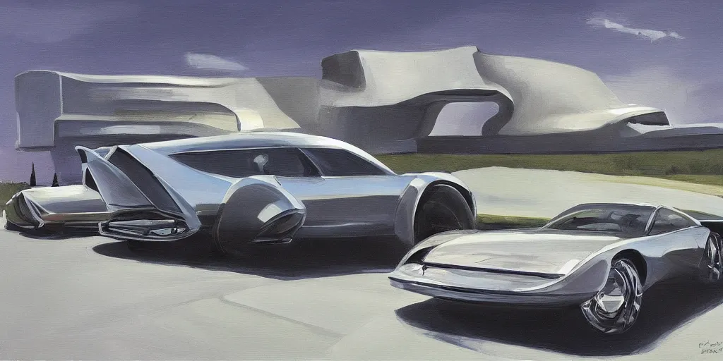 Image similar to art style by Ben Aronson and Edward Hopper and Syd Mead, wide shot view of some random alien planet, on ground level. Full view of a silver car designed by Henrik Fisker, Bruce Kaiserm and Jon Sibal.