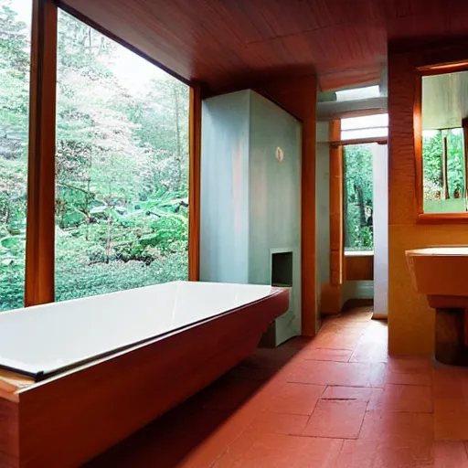 Image similar to a large stocked bathroom designed by Frank Lloyd Wright, bright lights, a bidet, a toilet, two cabinets, a full mirror, wide angle shot