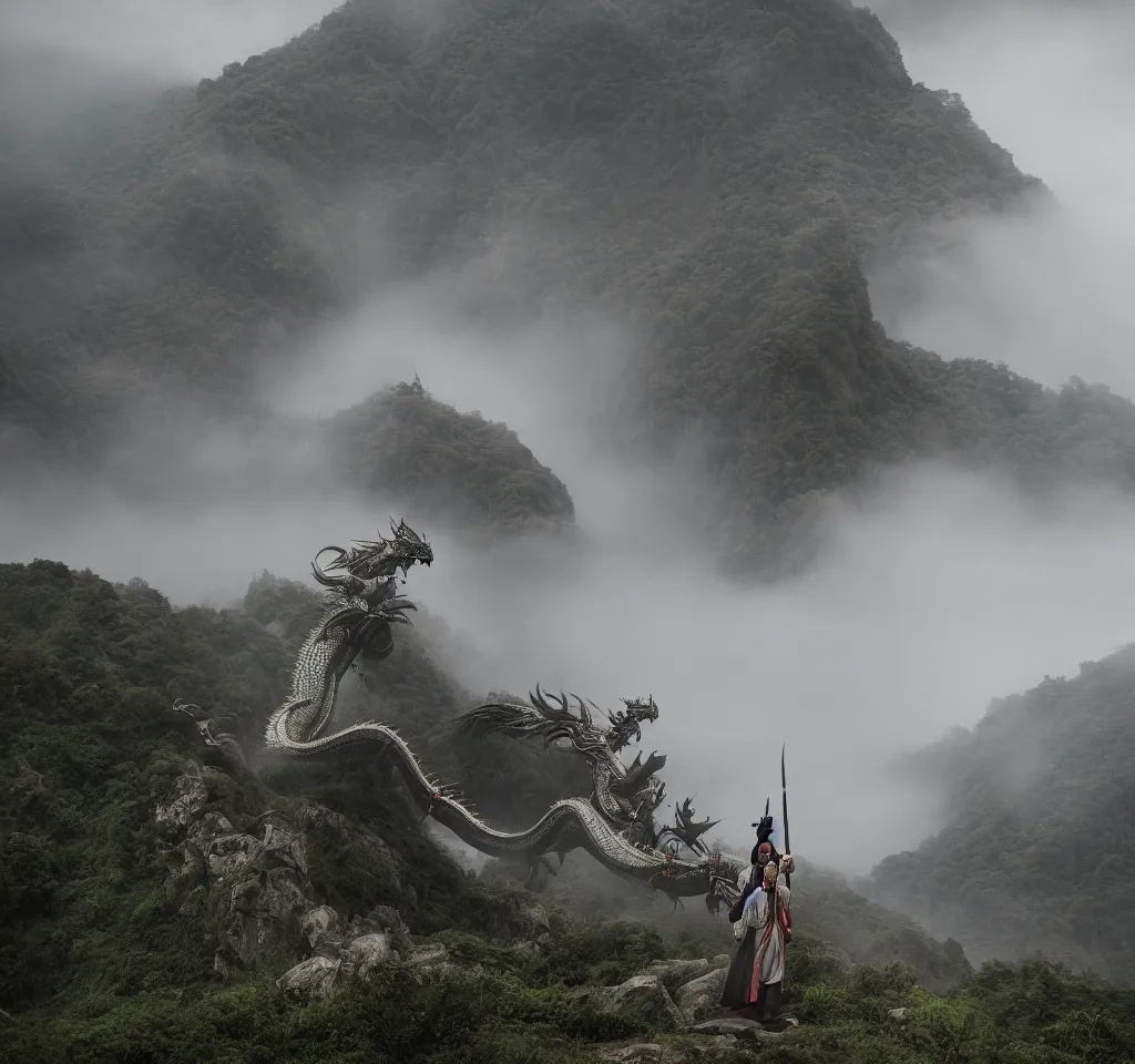 Image similar to a wuxia sword master encounters a big mythical oriental dragon on a misty mountain, 18mm f8 photography,