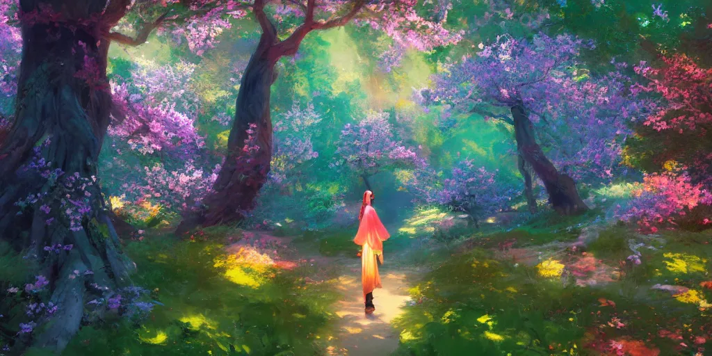 Prompt: spiritual journey through an infinite glowing colorful magical forest, sakura trees, sakura season dynamic lighting, landscape, artwork by jeremy lipkin and giuseppe dangelico pino and michael garmash and rob rey and greg manchess and huang guangjian and makoto shinkai, pixiv, 1 0 0 mm