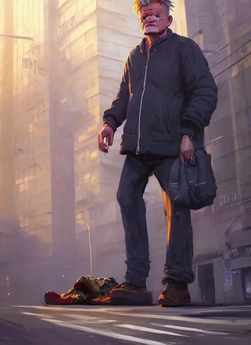 Image similar to Highly detailed full-body portrait of homeless Gordon ramsay, in GTA V, Stephen Bliss, unreal engine, fantasy art by Greg Rutkowski, Loish, Rhads, Makoto Shinkai and Lois van baarle, ilya kuvshinov, rossdraws global illumination, radiant light, detailed and intricate environment