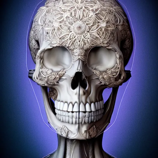 Prompt: beatifull frontal face portrait of a skull woman, 150 mm, anatomical, flesh, flowers, mandelbrot fractal, facial muscles, veins, arteries, symmetric, intricate, microscopic, elegant, highly detailed, ornate, ornament, sculpture, elegant , luxury, beautifully lit, ray trace, octane render in the style of peter Gric and alex grey