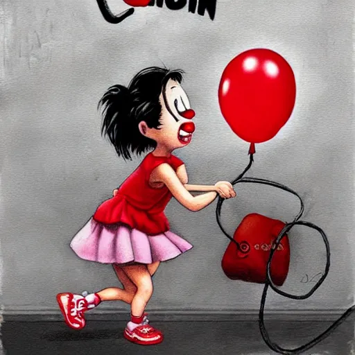 Image similar to grunge cartoon painting of a little girl playing with a jump rope with a wide smile and a red balloon by chris leib, loony toons style, pennywise style, horror theme, detailed, elegant, intricate