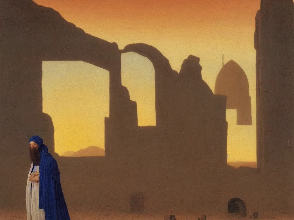 Prompt: Portrait of albino mystic with blue eyes, with ruins of a mosque in the distance in the desert. Sandstorm, sunset. Painting by Jan van Eyck, Caspar David Friedrich, Rene Magritte, Agnes Pelton, Max Ernst, Walton Ford