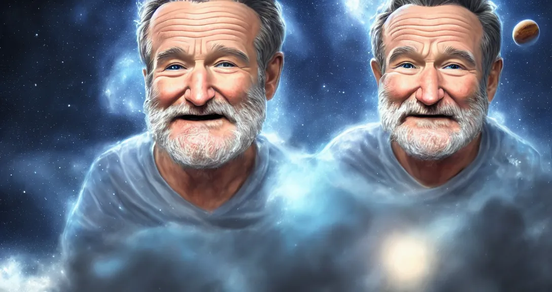 Image similar to robin williams, white beard, space clouds, milkyway, blue eyes, smiling, single subject, intricate, detailed, volumetric lighting, scenery, digital painting, highly detailed, artstation, sharp focus