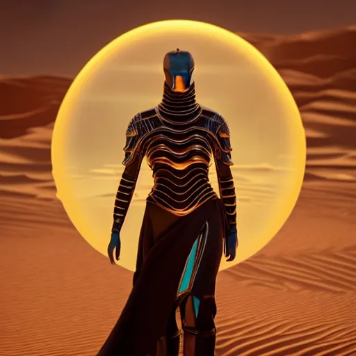 Image similar to dune movie inspired avant-garde art, deco fashion, highly detailed, photorealistic portrait, bright studio setting, studio lighting, crisp quality and light reflections, unreal engine 5 quality render