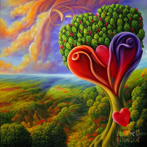 Prompt: a detailed fantasy painting of romantic hearts in the sky and broccolis floating in the sky, by lauri blank, artgerm, evelyn de morgan, 8K, 50mm lens