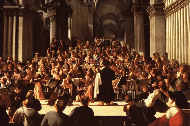 Prompt: medium size crowd listens to a hermeneutic pipe organ concert in a vast basilica, matte painting, scenic full shot, ambient lighting, detailed baroque oil painting by caravaggio and goya