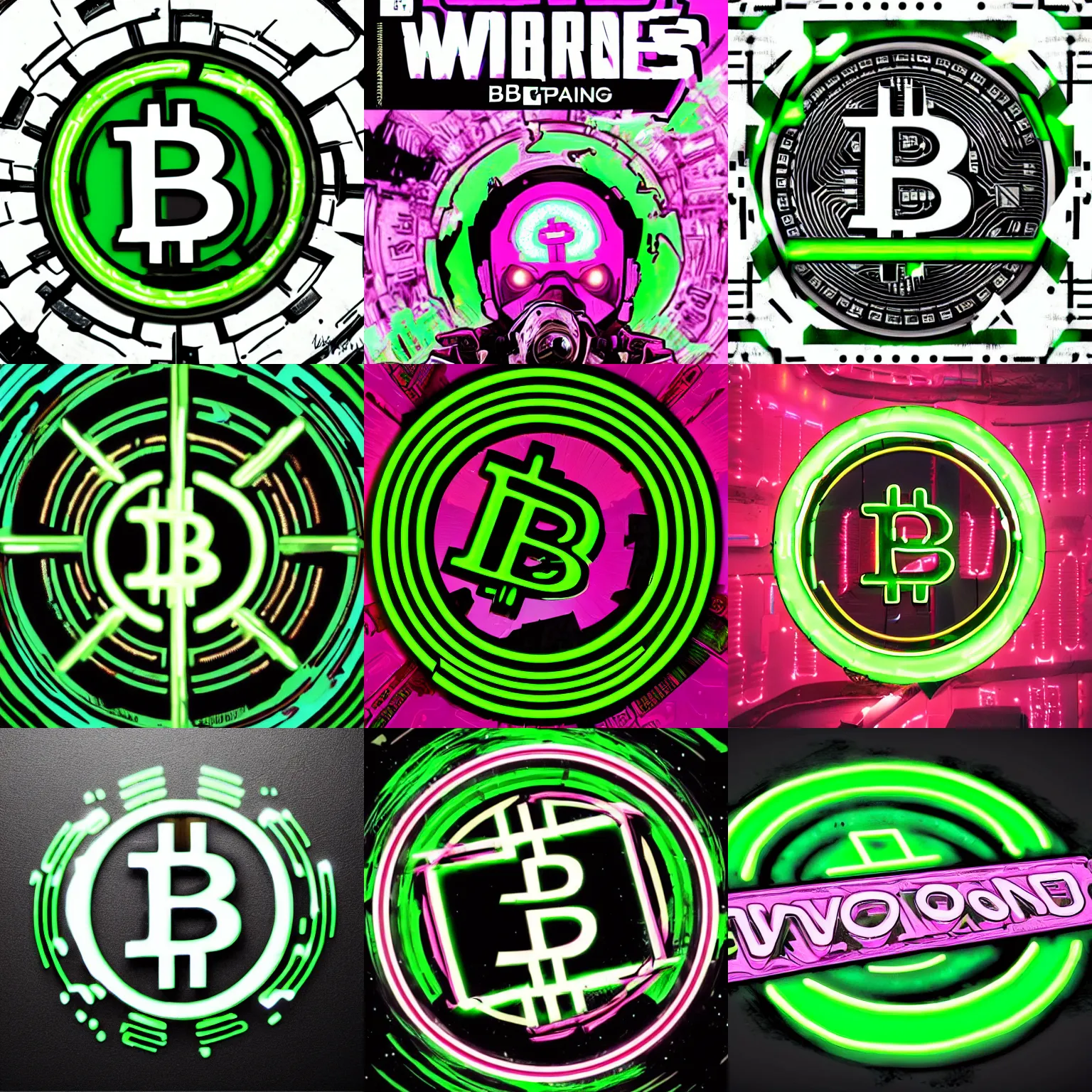 Prompt: waporware neon green bitcoin logo centered! that looks like it is from borderlands, logo on plain black color by feng zhu and loish and laurie greasley, victo ngai, andreas rocha, john harris