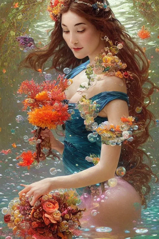 Image similar to portrait of a beautiful mysterious woman holding a bouquet of flowing flowers, small bubbles from her mouth, hands hidden under the bouquet, submerged underwater filled with colorful small fish and coral reef, fantasy, regal, intricate, by stanley artgerm lau, greg rutkowski, thomas kindkade, alphonse mucha, loish, norman rockwell