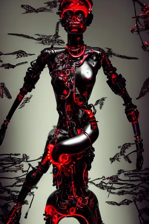 Prompt: full-body cyberpunk style sculpture of a young beautiful dark priestess, half android with a head opening exposing circuitry, glowing red eyes, black roses, flowing blood red colored silk, fabric, candles. baroque elements, human skull. full-length view. baroque element. intricate artwork by caravaggio. crows flying in background. Trending on artstation, octane render. cinematic lighting from the right, hyper realism, octane render, 8k, depth of field, 3D