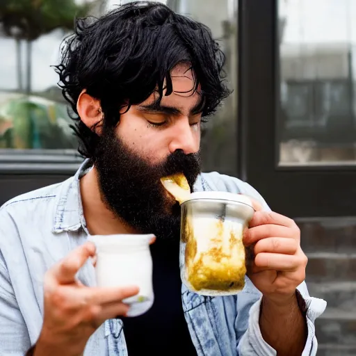 Prompt: top-heavy 20 year old with messy black hair and big beard eats mayonnaise straight out of the jar with his bare hands