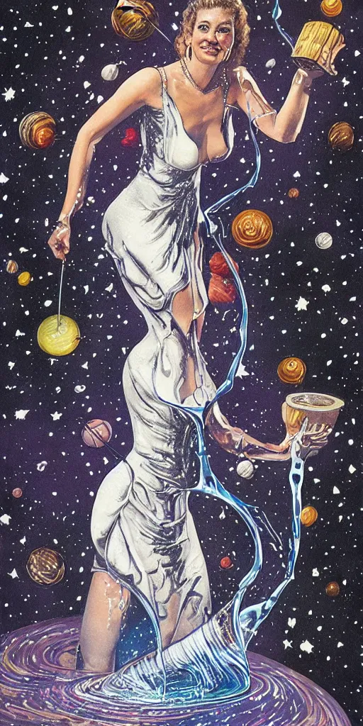 Prompt: a woman in a dress made of outer space pouring water from a vase into the milky way, by joe madura, by art adams.