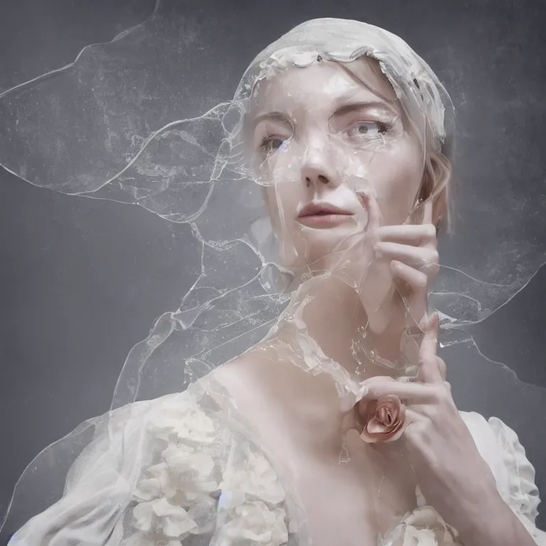 Image similar to hight focus of a wonderful realistic focused sweet wonderful symmetrical mid portrait of a lonely woman with a detailed wonderful, majestic, large semi transparent cream cotton dress ornate with semi transparent cotton roses and semi transparent white veils, dramatic light, octane render - 8 k