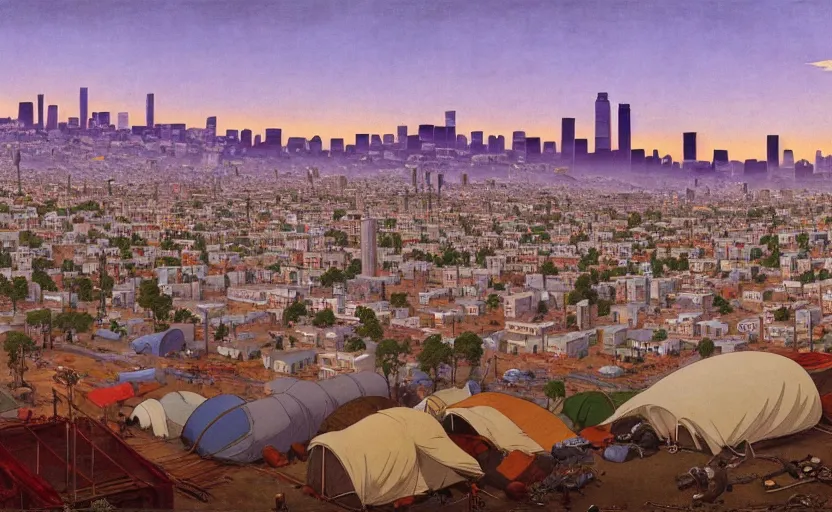 Prompt: ghibli illustrated background of strikingly beautiful skid row, los angeles, california, with strange city skyline is seen in the distance, tents, streets by vasily polenov, eugene von guerard, ivan shishkin, albert edelfelt, john singer sargent, albert bierstadt 4 k, ultra wide