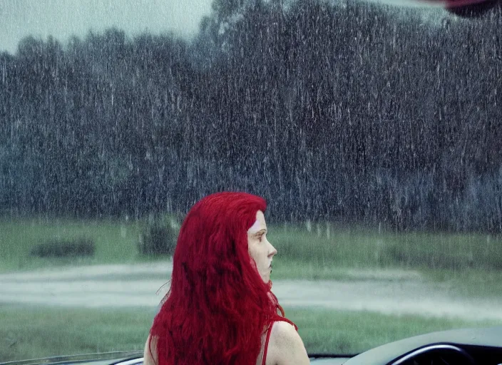 Image similar to A very high resolution image from a new movie, landscape from a car window , teen red hair woman, raining, hot, directed by wes anderson