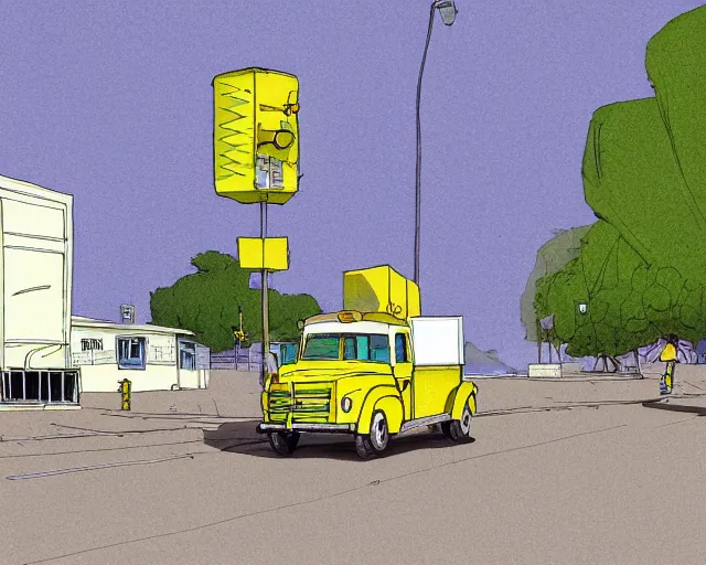 Image similar to a study of cell shaded cartoon of a yellow truck on a country road, street lamps, road, illustration, wide shot, subtle colors, post grunge, concept art by josan gonzales and wlop, by james jean, Victo ngai, David Rubín, Mike Mignola, Laurie Greasley, highly detailed, sharp focus, alien, Trending on Artstation, HQ, deviantart, art by artgem