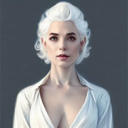 Image similar to white haired aristocrat, full body portrait, gentle, solemn face, cloth, female, city landscape, d & d, fantasy, intricate, elegant, digital painting, white grey color palette, artstation, octane render, concept art, matte, sharp focus, illustration, herrarthstone, art by artgerm and greg rutkowski and alphonse mucha