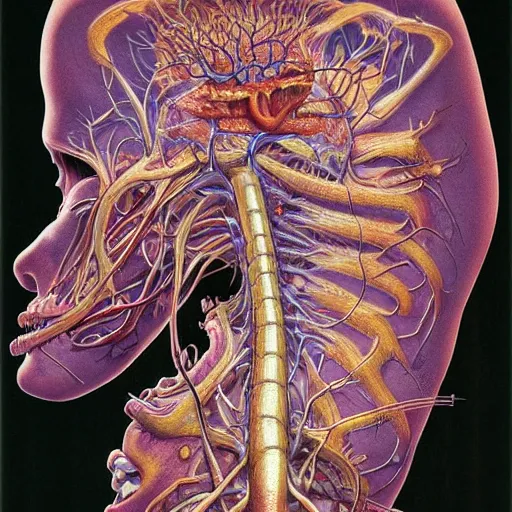 Image similar to nightmare etherreal iridescent vascular nerve bundles pearlescent spinal chord horror by Naoto Hattori, Zdzislaw, Norman Rockwell, Studio Ghibli, Anatomical cutaway